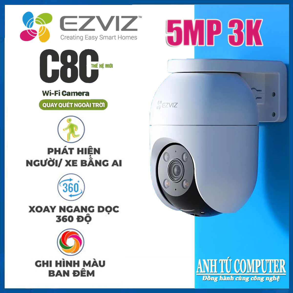 Camera WiFi EZVIZ C8C 3K 5MP, quay quét thông minh - hàng chính hãng