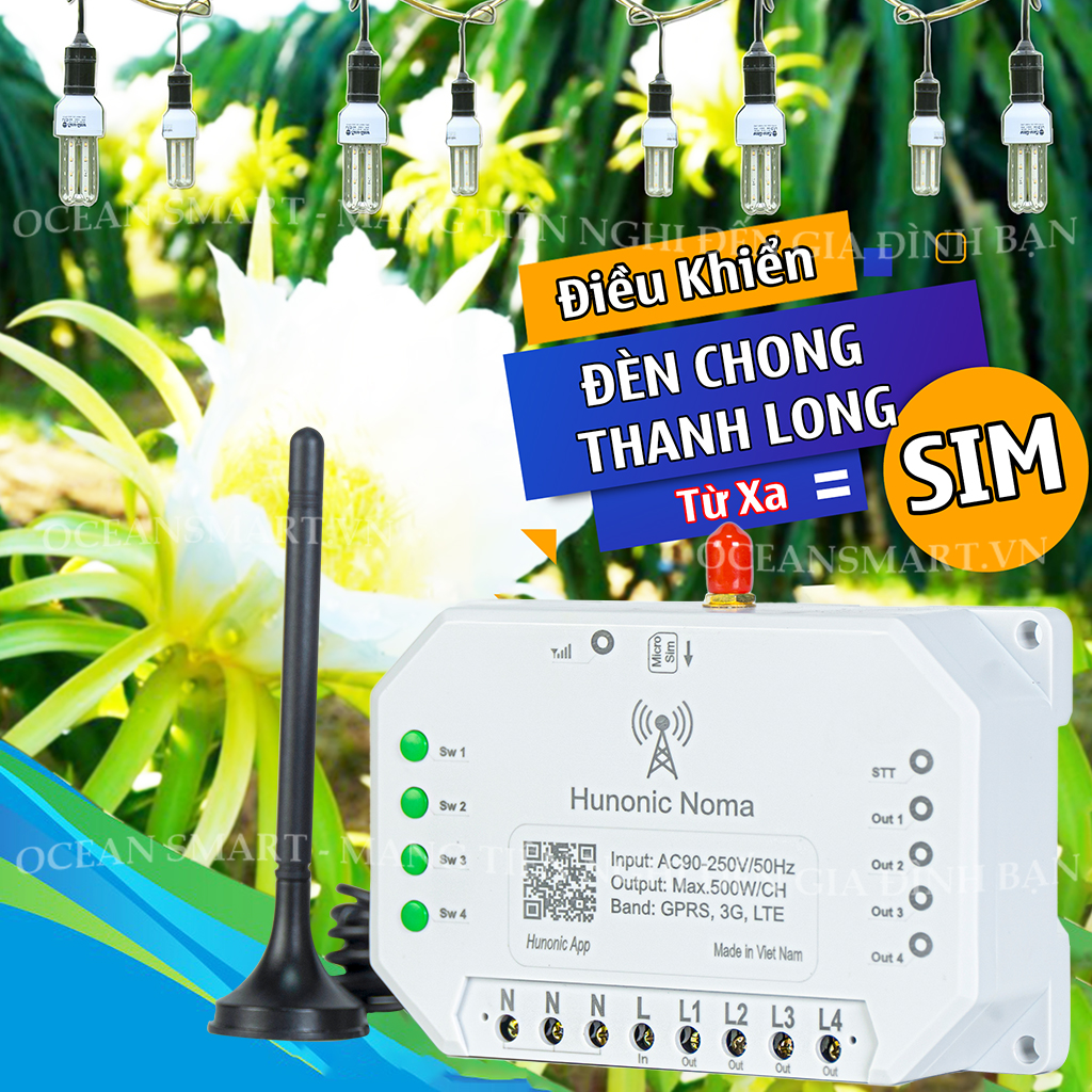 Công Tắc Thông Minh Hunonic Noma Dùng Sim, Điều Khiển Mọi Thiết Bị Từ Xa Qua Điện Thoại - HNNOMA4CH