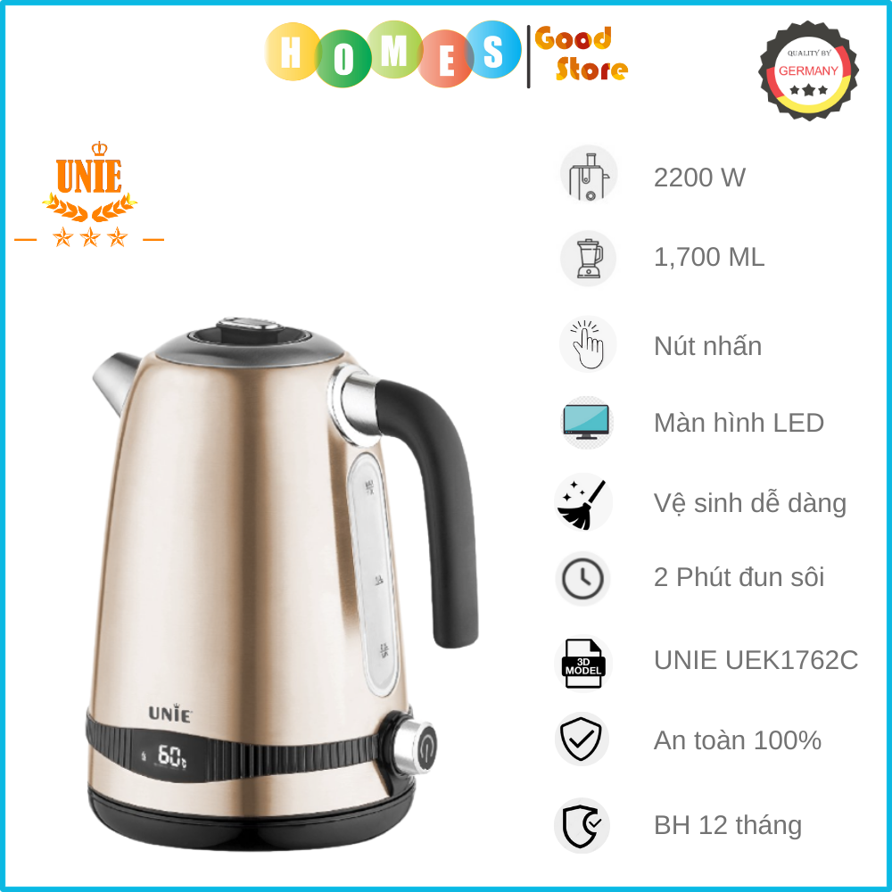 Ấm Siêu Tốc Cao Cấp UNIE UEK1762C Tiêu Chuẩn Đức Vỏ 5 Lớp Inox Sang Trọng, Dung Tích 1.7 Lít Công Suất Cao 2200 W - Hàng Chính Hãng