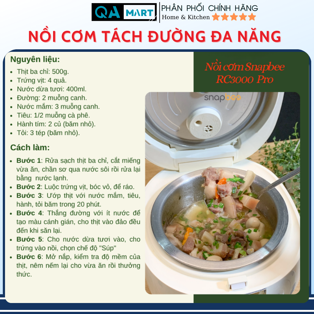 Nồi cơm tách đường đa năng Snapbee RC3000 Pro- 2 lòng nồi inox, đáy vân lục giác chống dính - Hàng chính hãng
