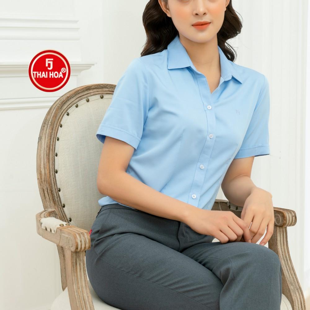 Áo sơ mi nữ Thái Hòa vải cotton thoáng mát màu xanh dương N047-06-01