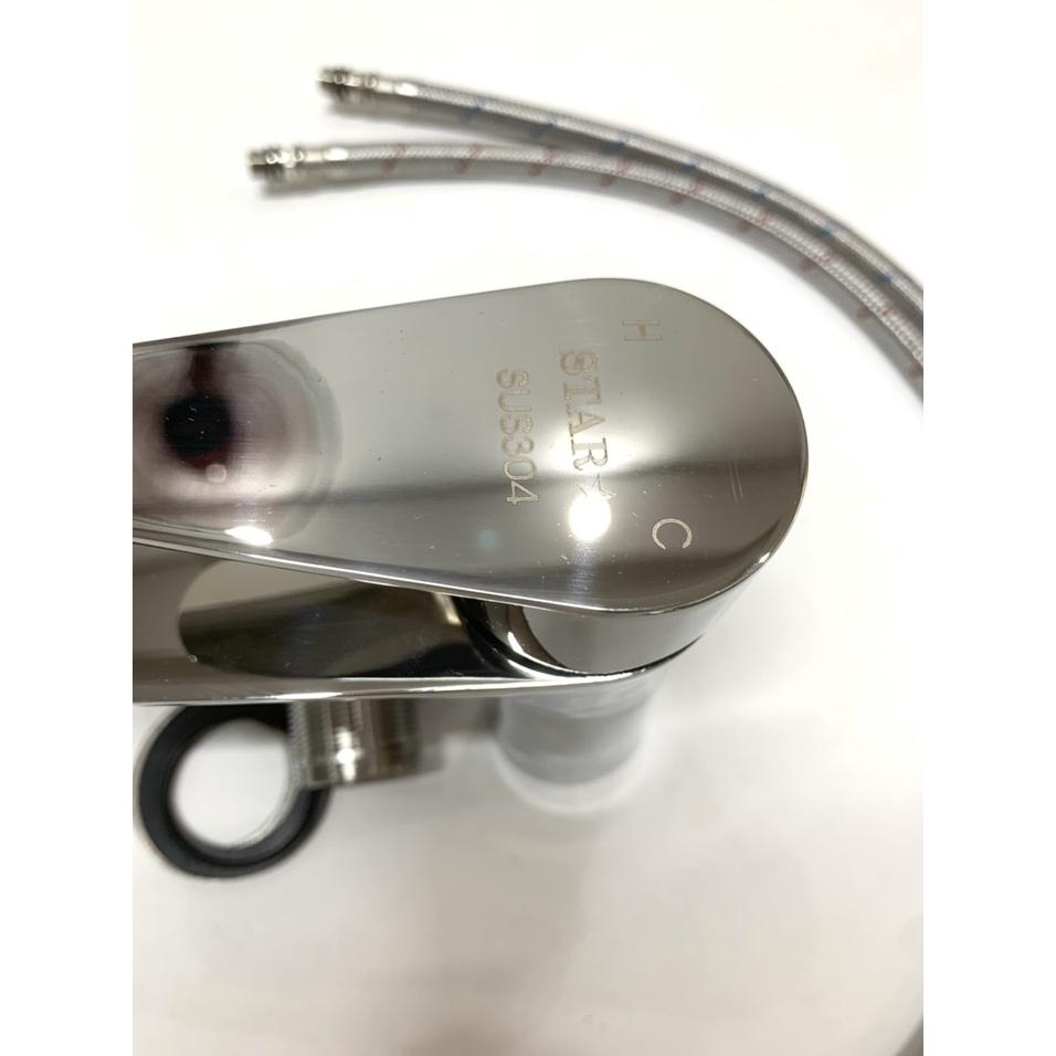 Vòi Lavabo Rửa Mặt Nóng Lạnh Thân Tròn Inox 304 Bóng