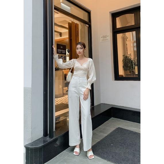 Quần ống rộng kaki trắng lưng cao