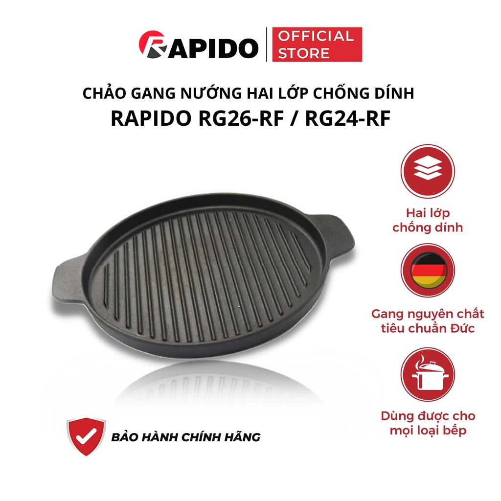 Chảo gang nướng chống dính Rapido size 24, 26 dùng bếp từ và mọi loại bếp - Hàng chính hãng