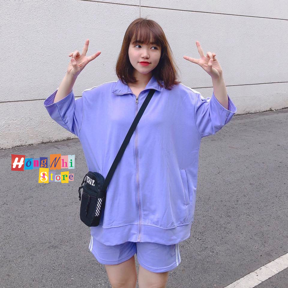 Set Bộ Thể Thao Unisex Áo Khoác Tay Ngắn Quần Lửng Màu Tím Cao Cấp- MM