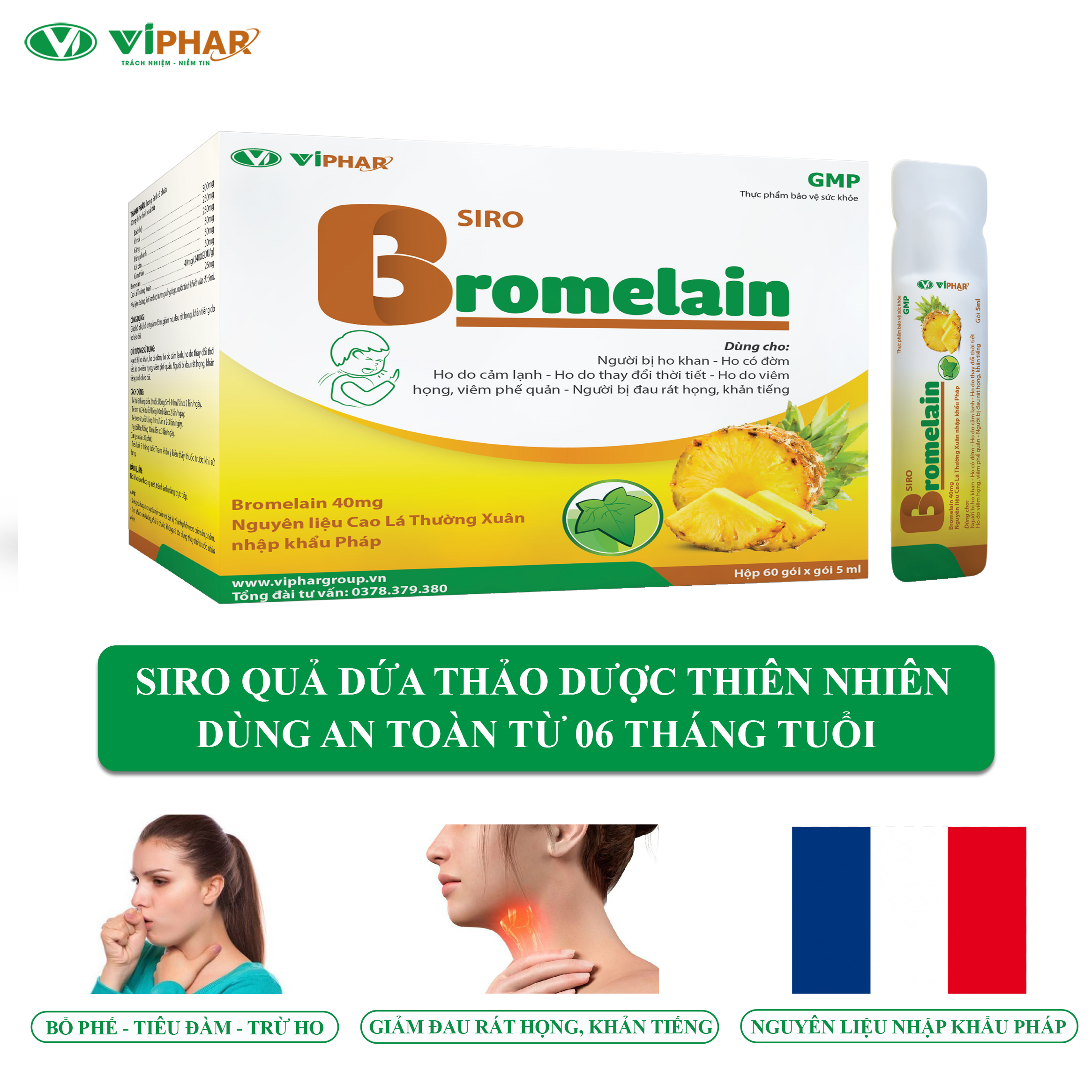 Siro Quả Dứa Dạng Gói Uống Tiện Lợi Giảm Ho, Đau Rát Họng Cho Trẻ Từ 6 Tháng Tuổi Siro Bromelain Viphar