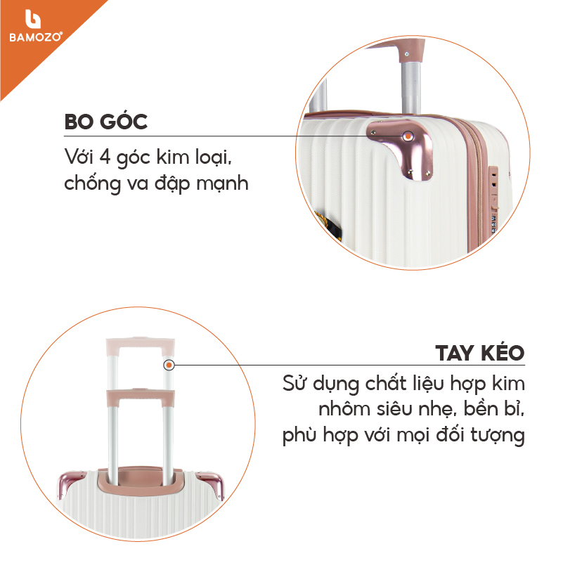 Vali du lịch BAMOZO 8809 MÀU TRẮNG size 20/24/28 , vali nhựa kéo bảo hành 5 năm