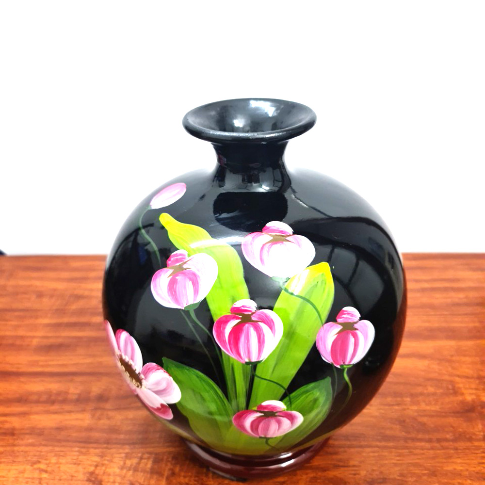 Bình Hút Lộc Gốm Sơn Mài Đen Vẽ Hoa Văn - 24 Cm - Mx