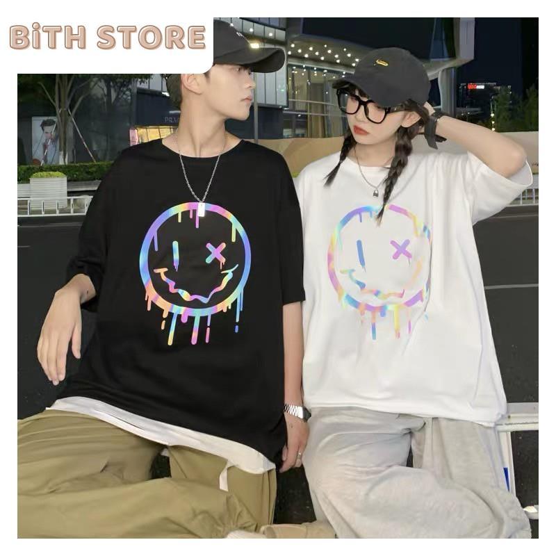 Áo thun mặt cười phản quang Tay Lỡ Unisex  basic tee mùa hè phông trơn nam nữ oversize form rộng