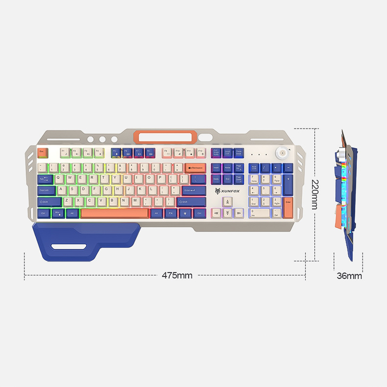 Bàn phím giả cơ chuyên game Vinetteam XOUNFOX K90 thiết kế viền kim loại 104 phím led 7 màu siêu đẹp có nút chỉnh âm lượng dành cho chơi game, văn phòng tặng kèm kê tay- hàng chính hãng