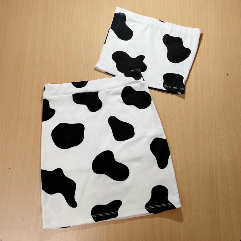Sét bộ nữ áo ống phối chân váy chất vải thun Borip kiểu bò sữa FreeSize dưới 53kg
