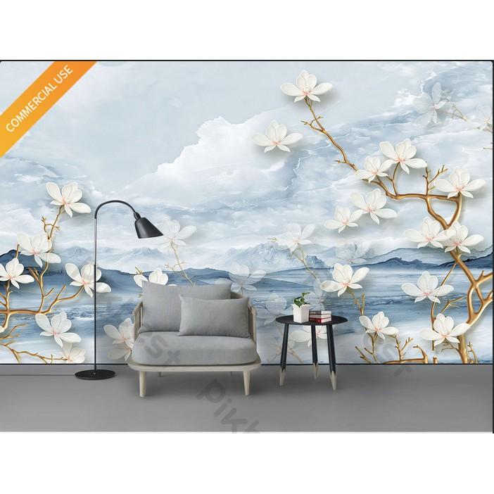 Tranh dán tường Tranh phong cảnh biển xanh và hoa, Tranh 3d dán tường MS1185548