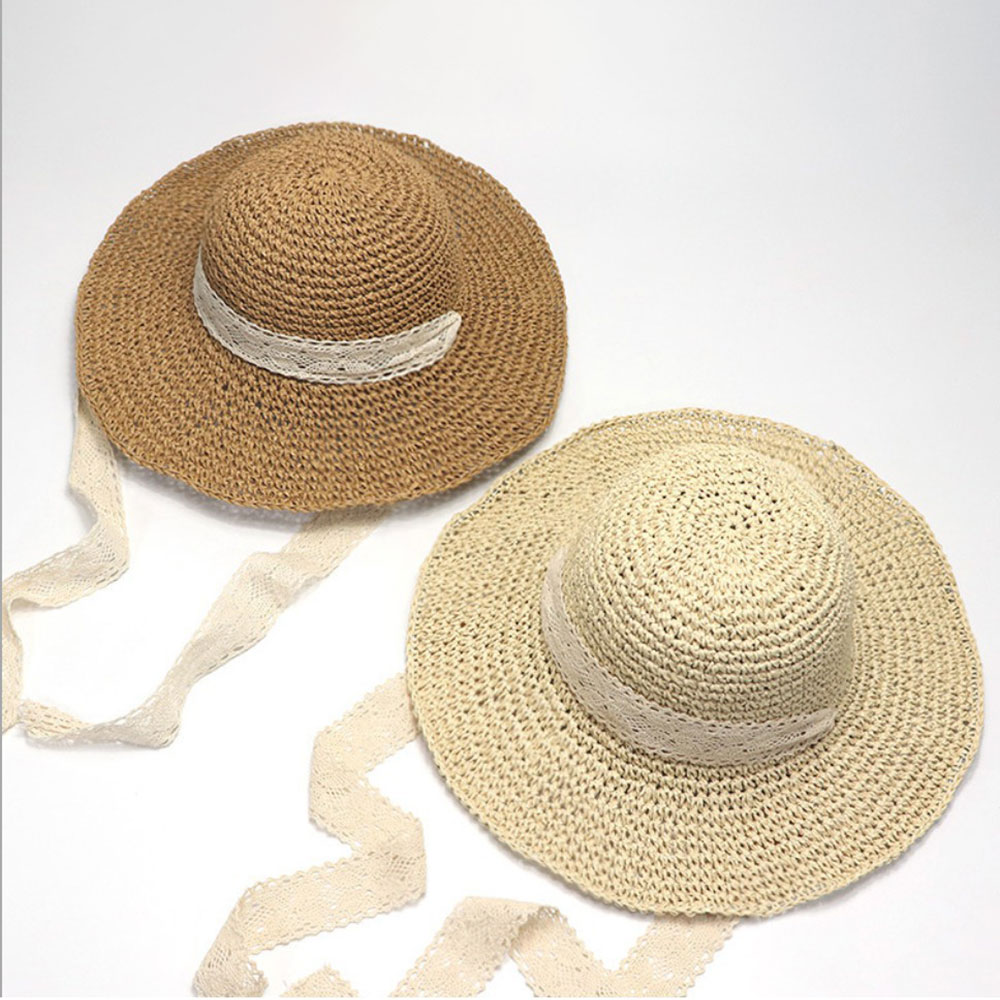 Mũ cói mềm dây ren buộc cổ - nón cói vành to chống nắng, đi biển phong cách