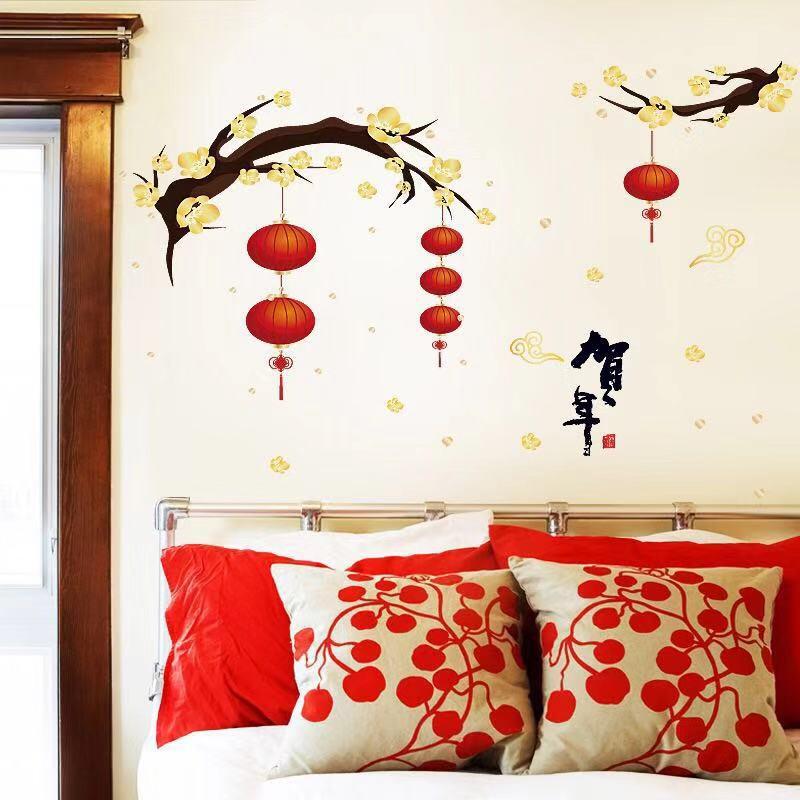 Decal trang trí Tết - Cành Mai Vàng lồng đèn đỏ đón Xuân