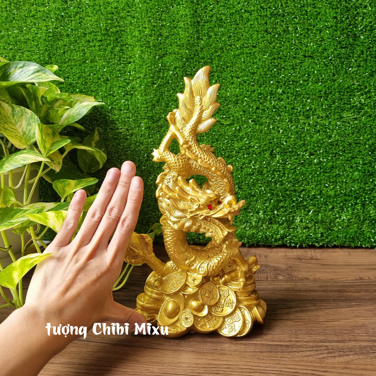 Tượng Rồng cuộn sơn nhũ ngang 14cm x cao 27cm