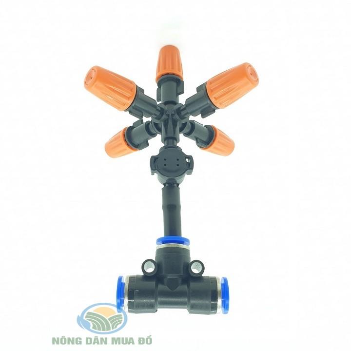 Bộ 5 Béc phun sương 5 cửa màu cam có van áp chống nhỏ giọt , dùng ống phun sương 8mm