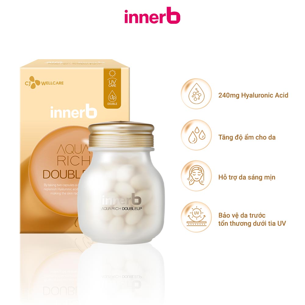 Combo hộp nước uống Collagen InnerB Glowshot (50mlx6) & INNERB AQUA RICH DOUBLEUP (giúp giữ ẩm da sáng mịn từ Axit Hyaluronic) lọ 56 viên