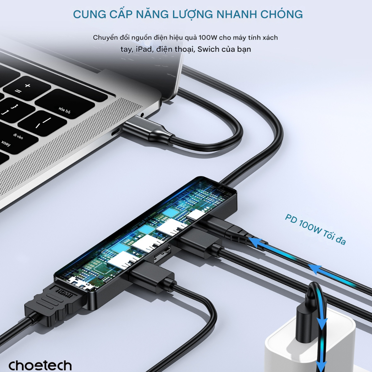 Hub chuyển đổi 5 in1 Choetech M80 (Type C to HDMI 4K30Hz + USBx 3 + PD100W) - Hàng chính hãng