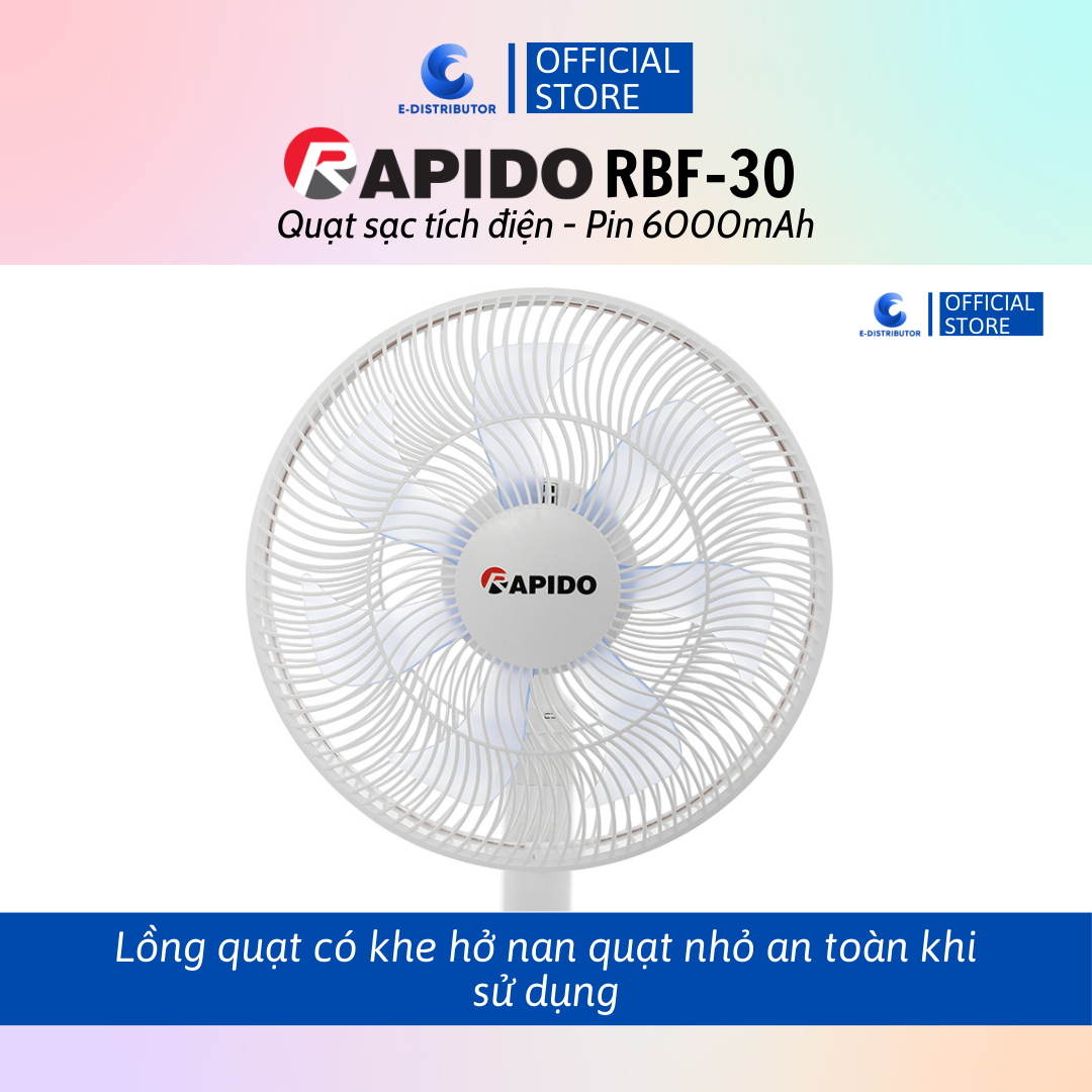 Quạt sạc điện có điều khiển Rapido RBF-30 (Pin 6000mAh) - Hàng chính hãng - Công suất: 30W  - Chế độ gió: Gió thường