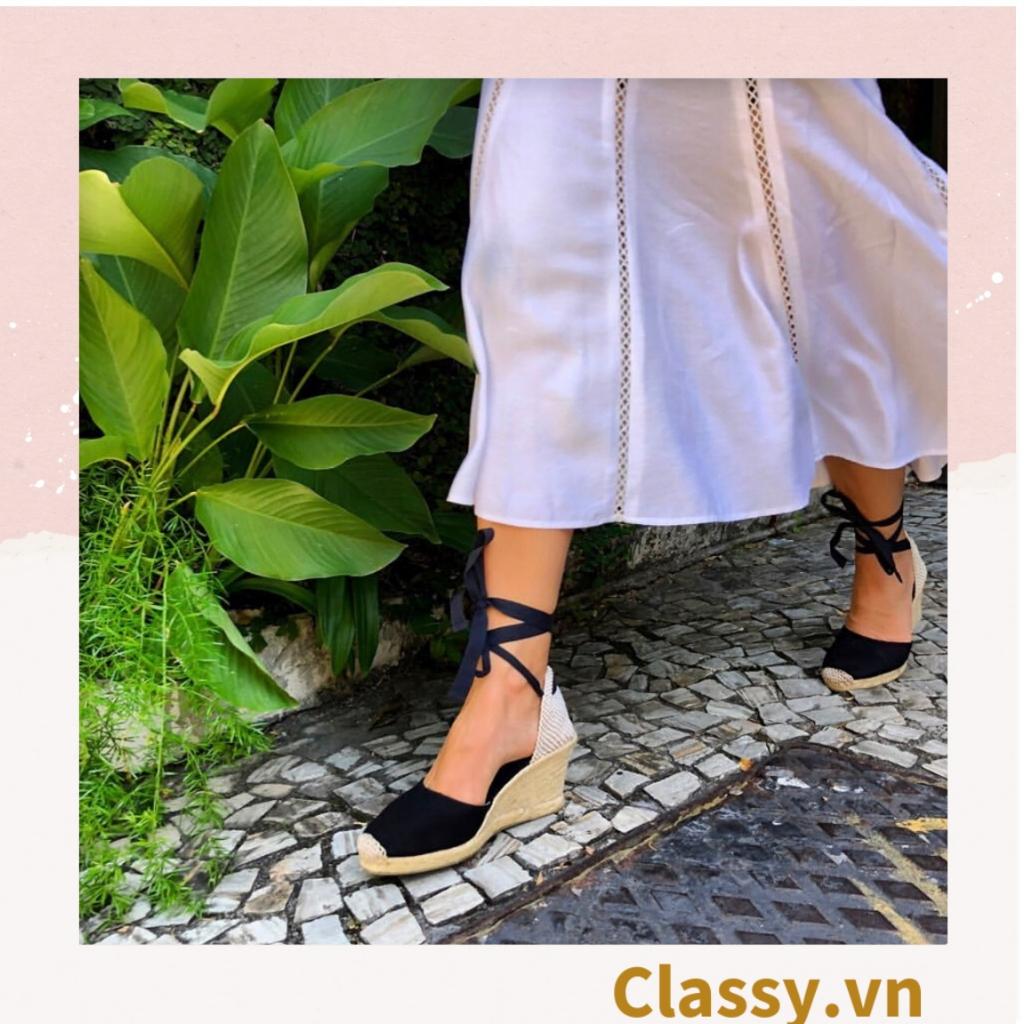 Giày cói Classy đế xuồng đế cói cao 8 CM buộc nơ, đi dạo phố, đi biển [G421] - ĐEN