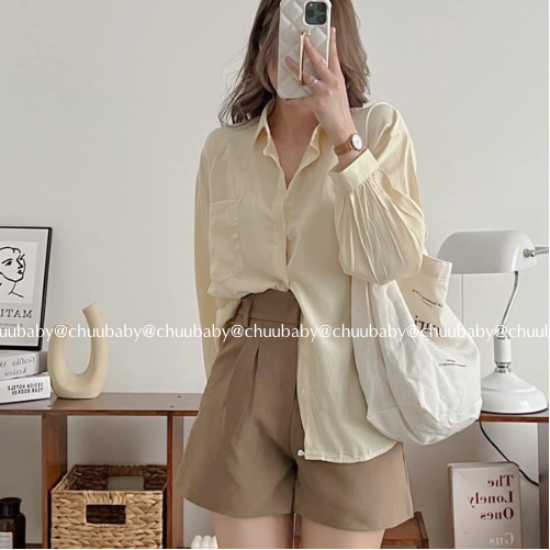 ￼Áo sơ mi nữ vải lụa hàn trơn basic nhiều màu , Áo sơ mi nữ dài tay thời trang Chuu Clothing