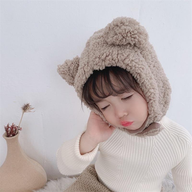 Mũ lông gấu- mũ len lông cừu tai gấu cài cúc kín cổ cho bé