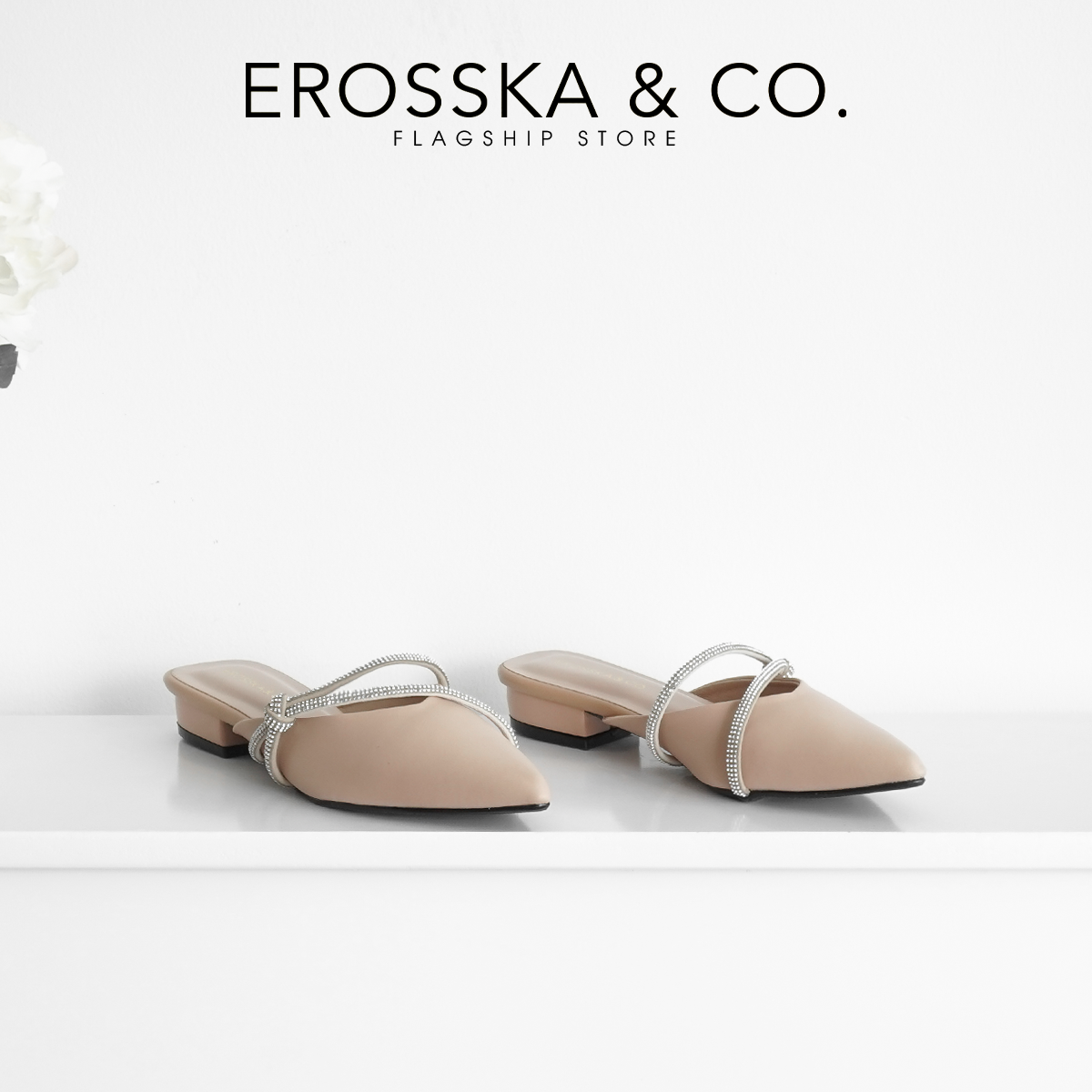 [Form nhỏ tăng 1 size] Erosska - Giày sục nữ mũi vuông phối dây đính đá sang trọng cao 3cm- EL029