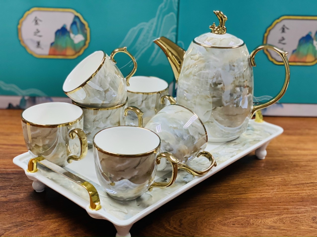 Bộ ấm chén  vân đá viền vàng kèm khay siêu đẹp