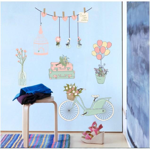 Decal dán tường trang trí - Xe Đạp và nhiều chậu hoa dịu dàng