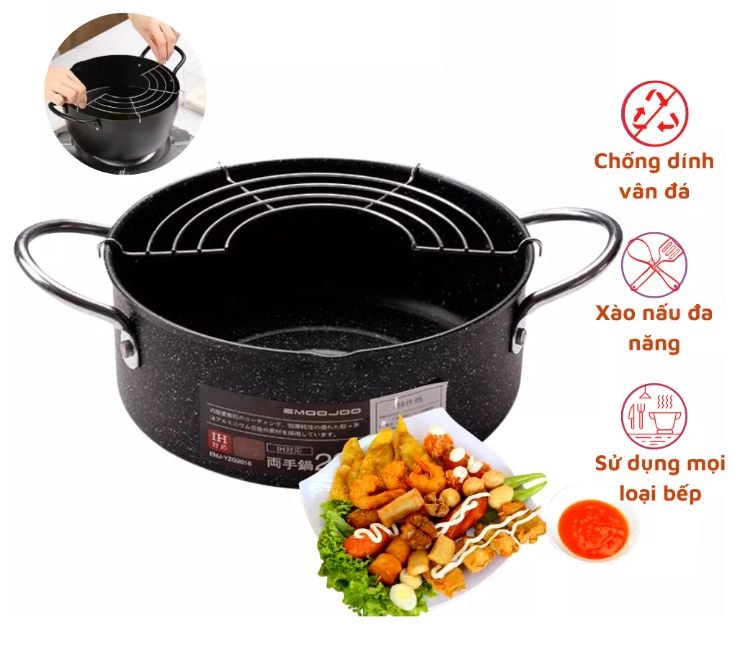 Nồi chiên lọc dầu vân đá cao cấp chống dính tốt kèm vỉ gác ráo mỡ, đường kính 20cm, sử dụng được với mọi loại bếp từ, bếp ga, hồng ngoại