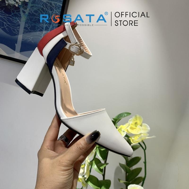 Giày cao gót nữ ROSATA RO485 mũi nhọn quai hậu khóa cài cổ chân kiểu Pháp gót vuông cao 6cm xuất xứ Việt Nam - Đen