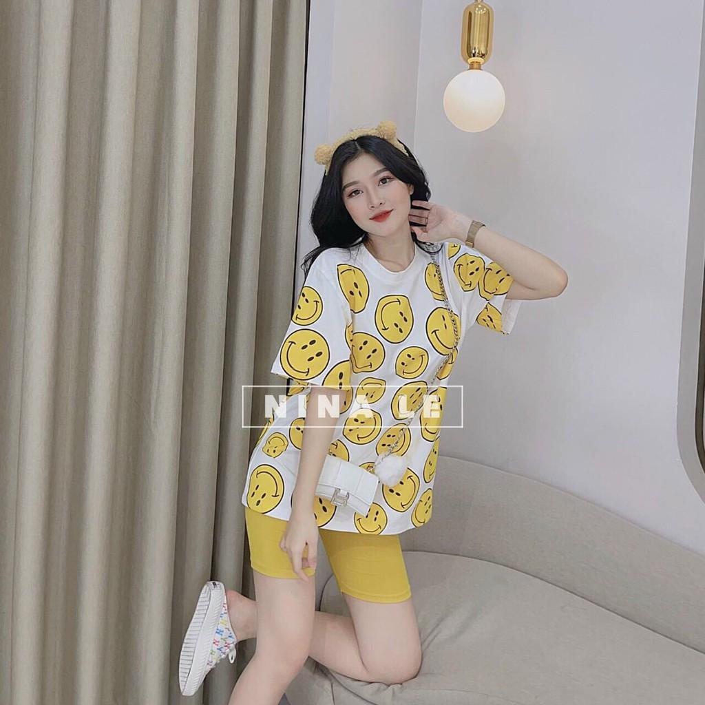 ĐỒ BỘ, SET ÁO QUẦN ĐI CHƠI, Sét bộ áo in hoạ tiết mặt cười phom rộng + quần ngố