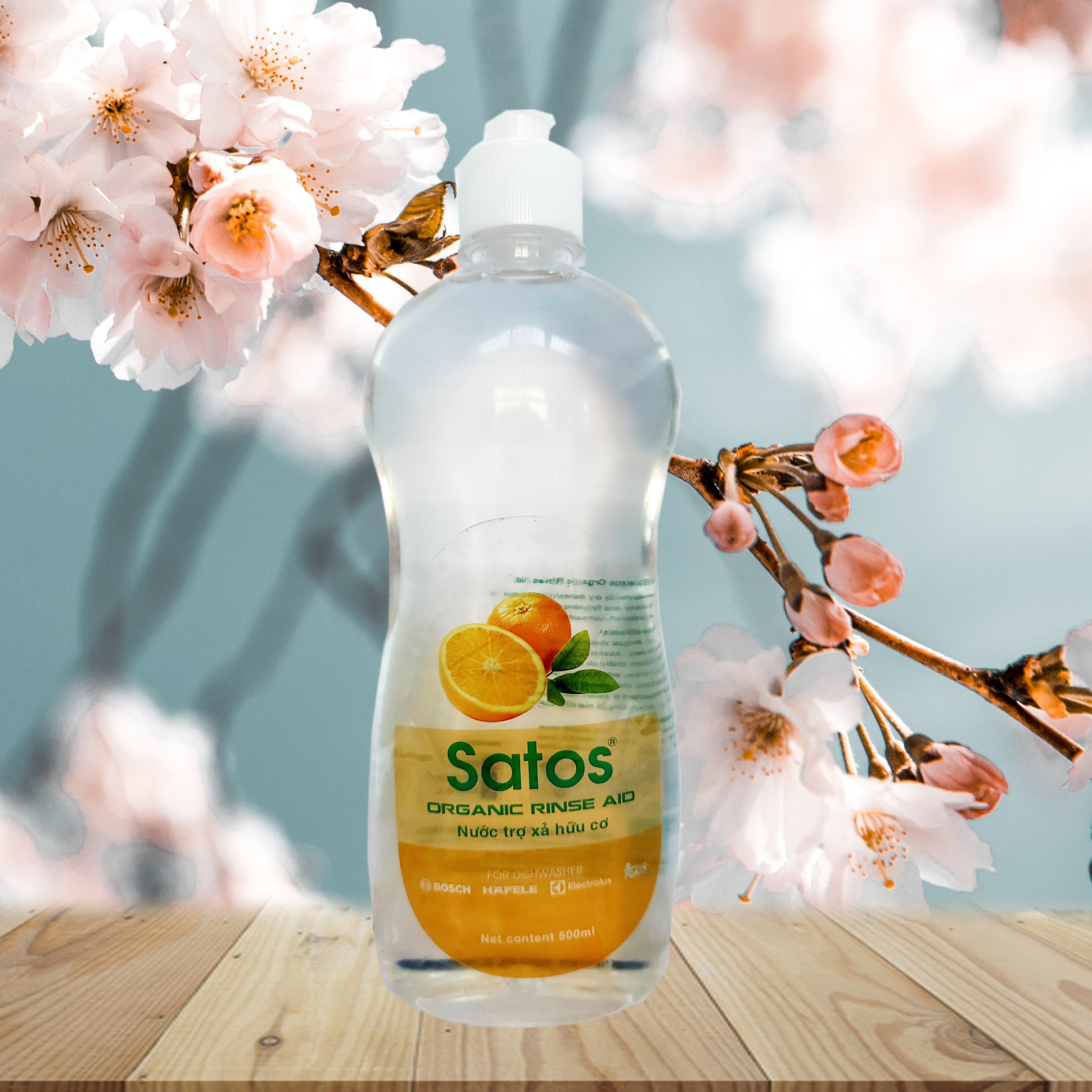 Nước làm bóng hữu cơ Satos 500ml, không mùi, không màu,an toàn cho sức khoẻ. Là nước trợ xả dành cho máy rửa bát.