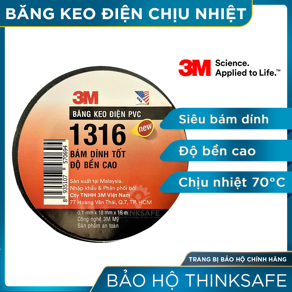 Băng keo điện 3M 1316 cực bền siêu dính chống hở mép cách điện lên đến 600V (khổ 18mm x 16m)