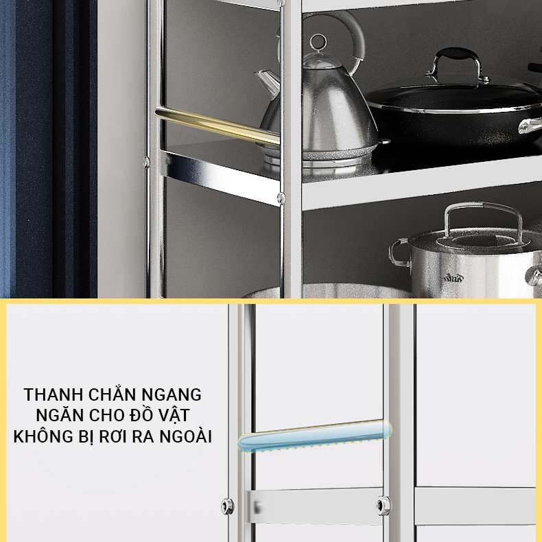 Kê để đồ INOX 304 cao cấp không gỉ [ Rộng 80cm ] có thanh chắn đồ thông minh, giá kệ nhà bếp đa năng VANDO để lò vi sóng, lò nướng, nồi cơm tiết kiệm không gian