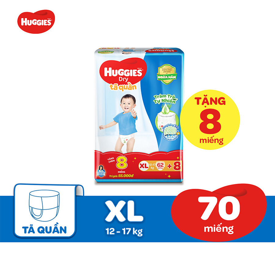 Tã Quần Huggies Dry Tràm Trà Tự Nhiên Gói Cực Đại XL62 + Tặng 8 miếng
