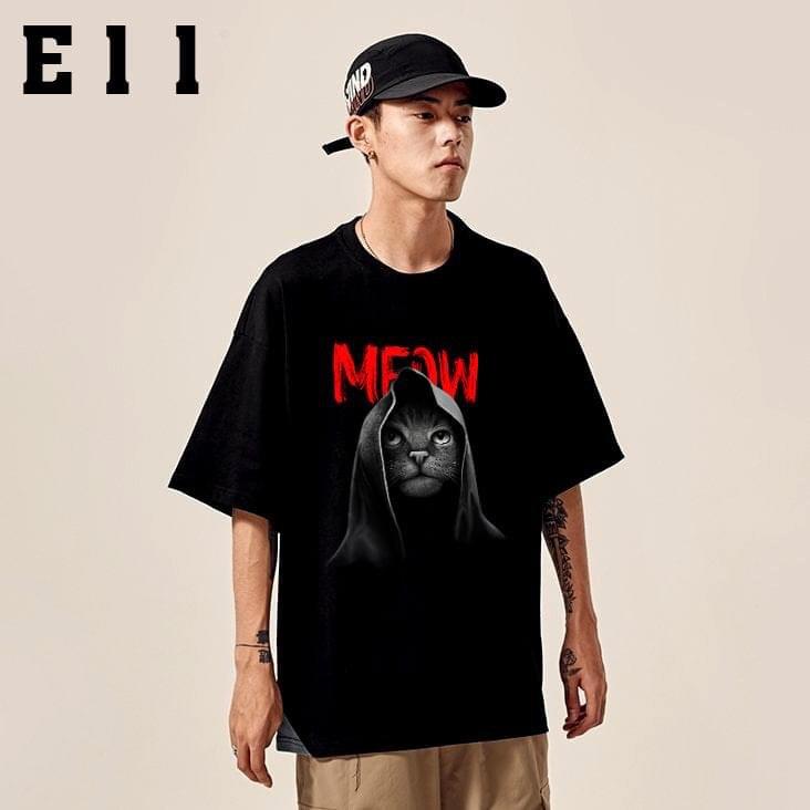 ÁO THUN NAM NỮ COTON BIG SIZE MÈO ĐEN TRÙM KHĂN MEOW