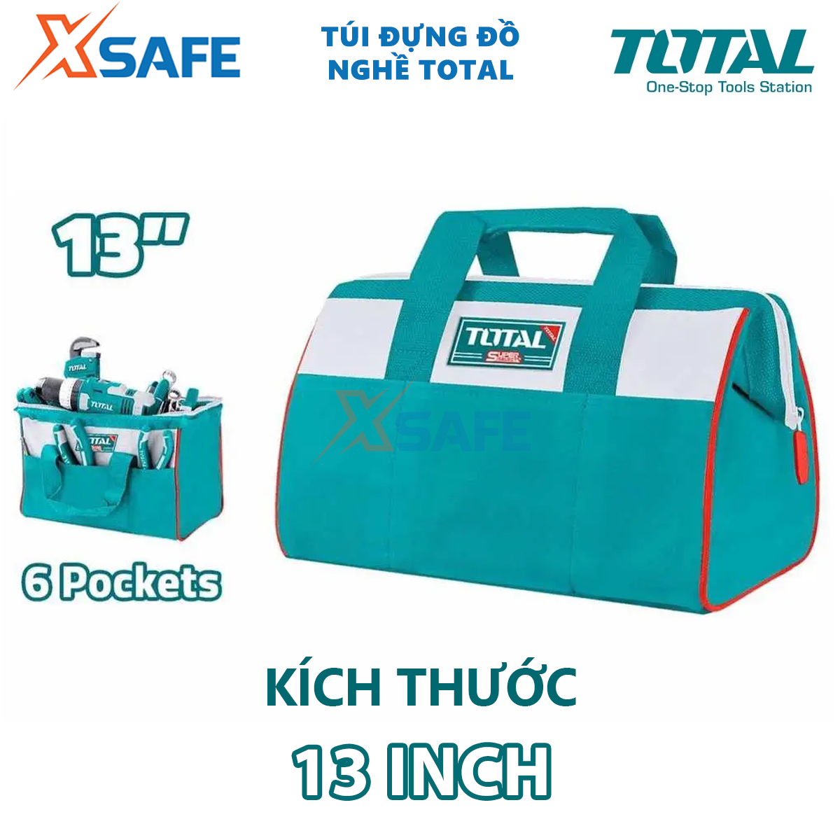 Túi đựng đồ nghề TOTAL THT261325 | Giỏ đựng dụng cụ Kích thước: 13 Tải trọng tối đa: 12kg, dùng để chứa những vật dụng như cờ lê, bake, lục giác, máy khoan,…