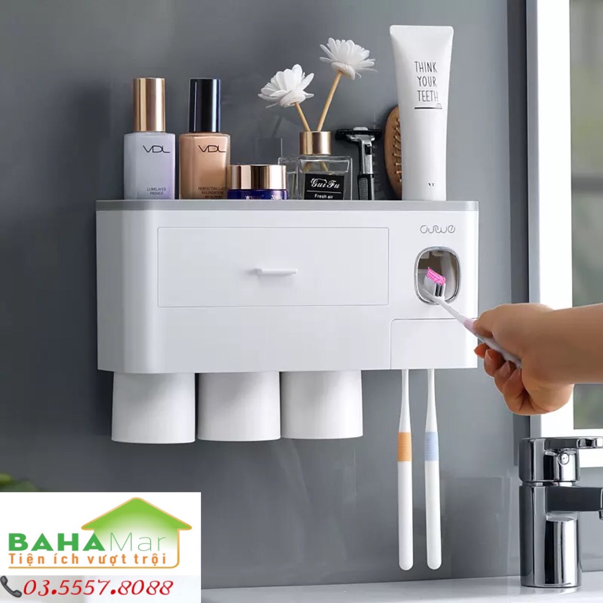 GIÁ ĐỂ TREO BÀN CHẢI NHẢ THUỐC ĐÁNH RĂNG TỰ ĐỘNG - 3 CỐC TREO NAM CHÂM NGƯỢC "BAHAMAR"