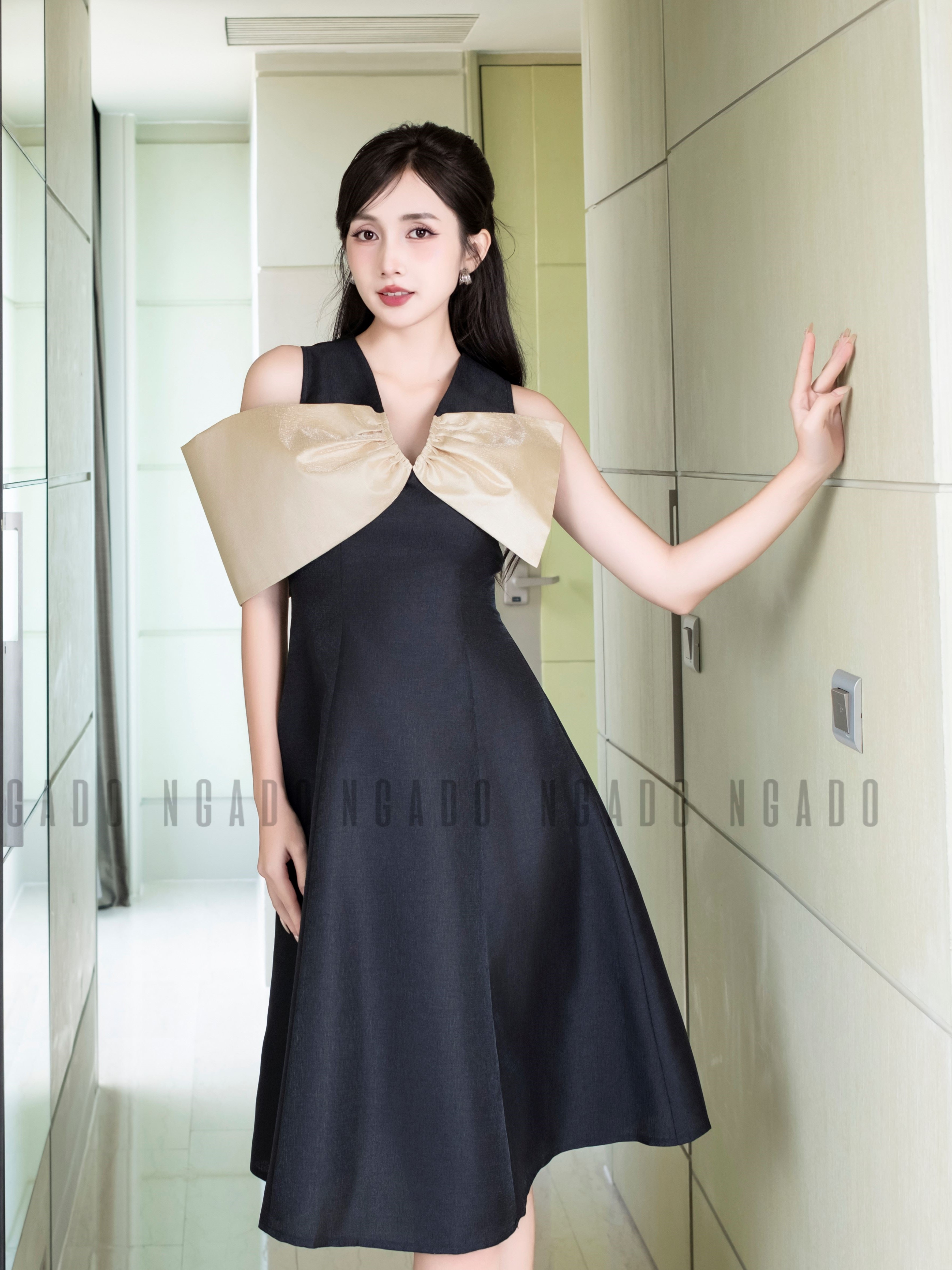 Đầm đen tay nơ NGADO , Đầm xòe , Đầm dự tiệc