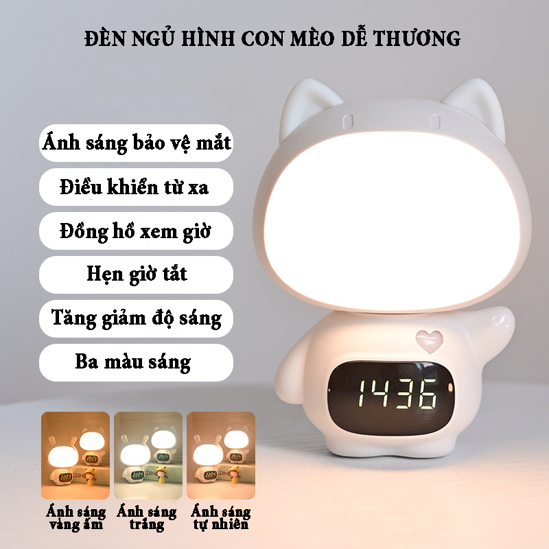 Đèn ngủ thông minh hình con thỏ dễ thương có đồng hồ xem giờ ánh sáng 3 màu, tăng giảm điều chỉnh độ sáng pin sạc 300mA