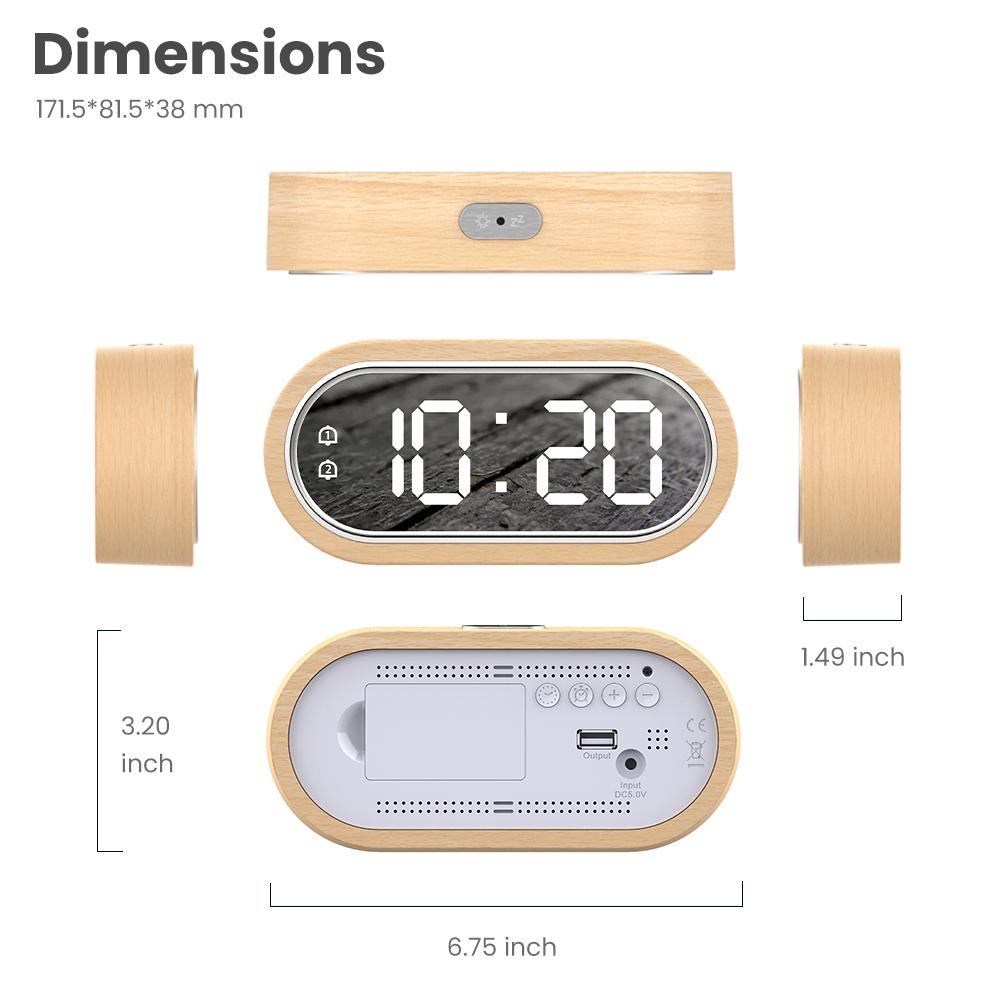 Beech Wood Digital Clock Dual Alarm Snooze USB Alarm Clock Table Thermometer Electronic LED Wooden Desk Clock 4-Level Brightness for Living Room Office