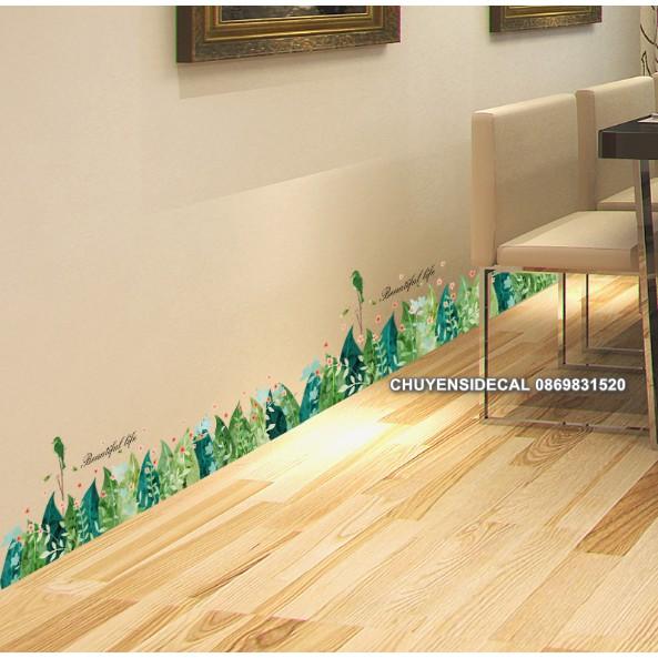 Decal trang trí tường - Chân tường cỏ lá hoa xanh tươi
