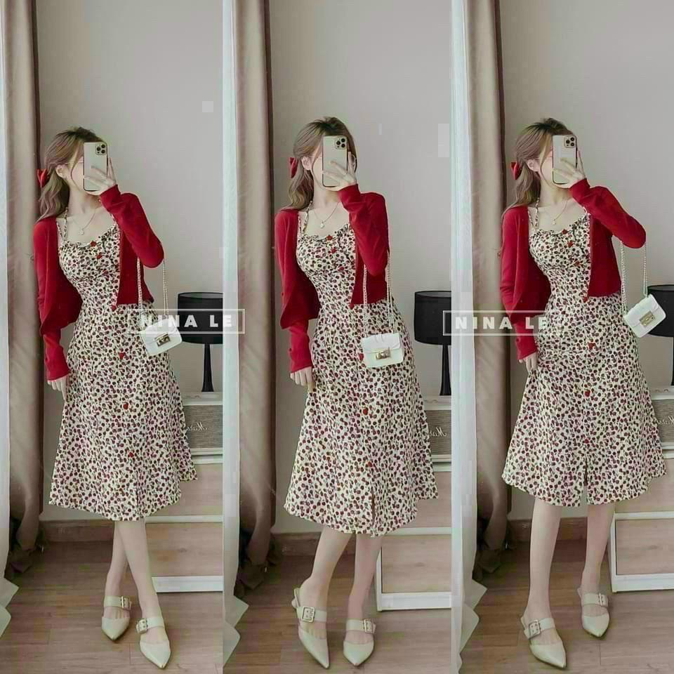 FRE SHIP Sét Đầm Váy Nữ Chất Vải Lụa 2 Dây Hoạ Tiết Hoa Lá Kèm Áo Khoác Ngoài Thun Gân Thiết Kế Sang Chảnh KIMGIA DS