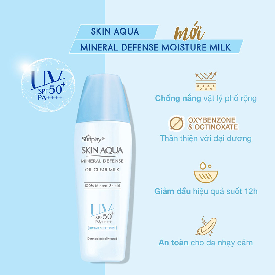 Kem chống nắng vật lý Skin Aqua kiềm dầu, dạng sữa dùng hàng ngày Sunplay Skin Aqua Mineral Defense Oil Clear Milk SPF50+ PA++++ 25g