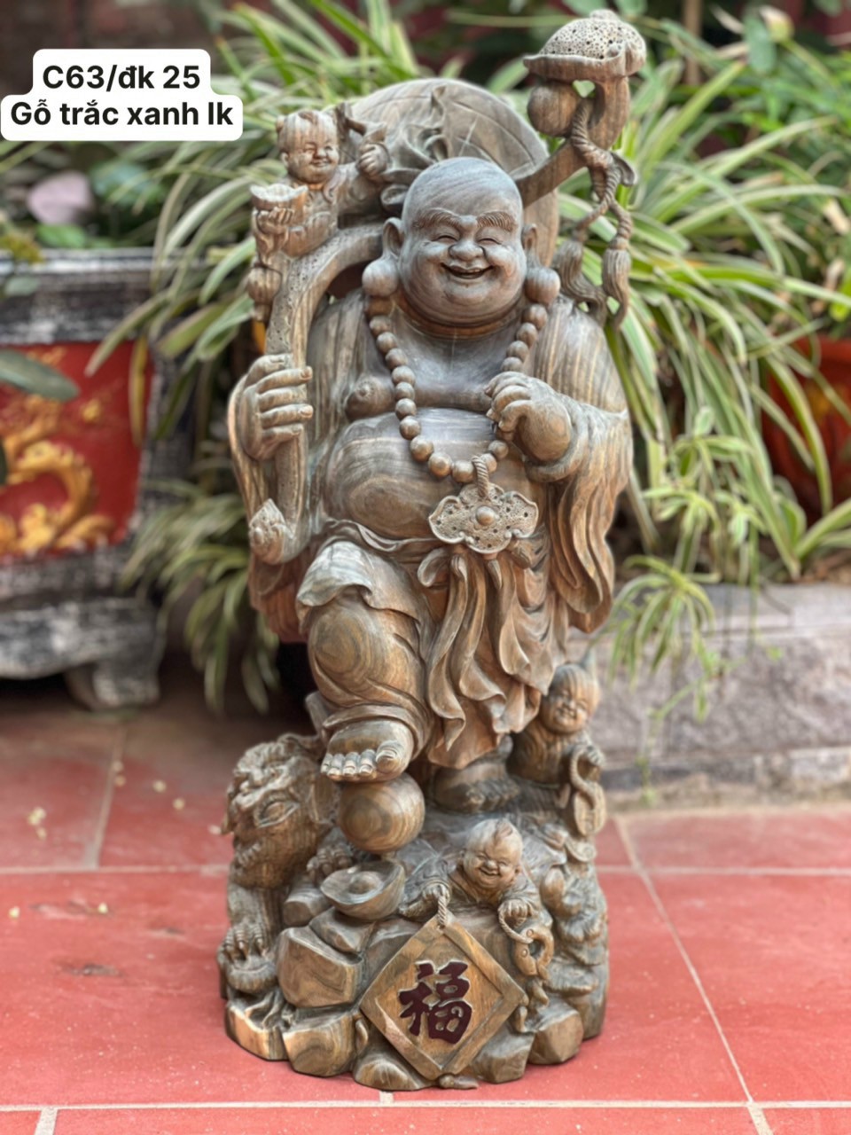 TƯỢNG PHẬT DI LẶC TAM PHÚC BẰNG GỖ TRẮC XANH KHẮC THỦ CÔNG ĐẸP LONG LANH  KT CAO 60×25CM