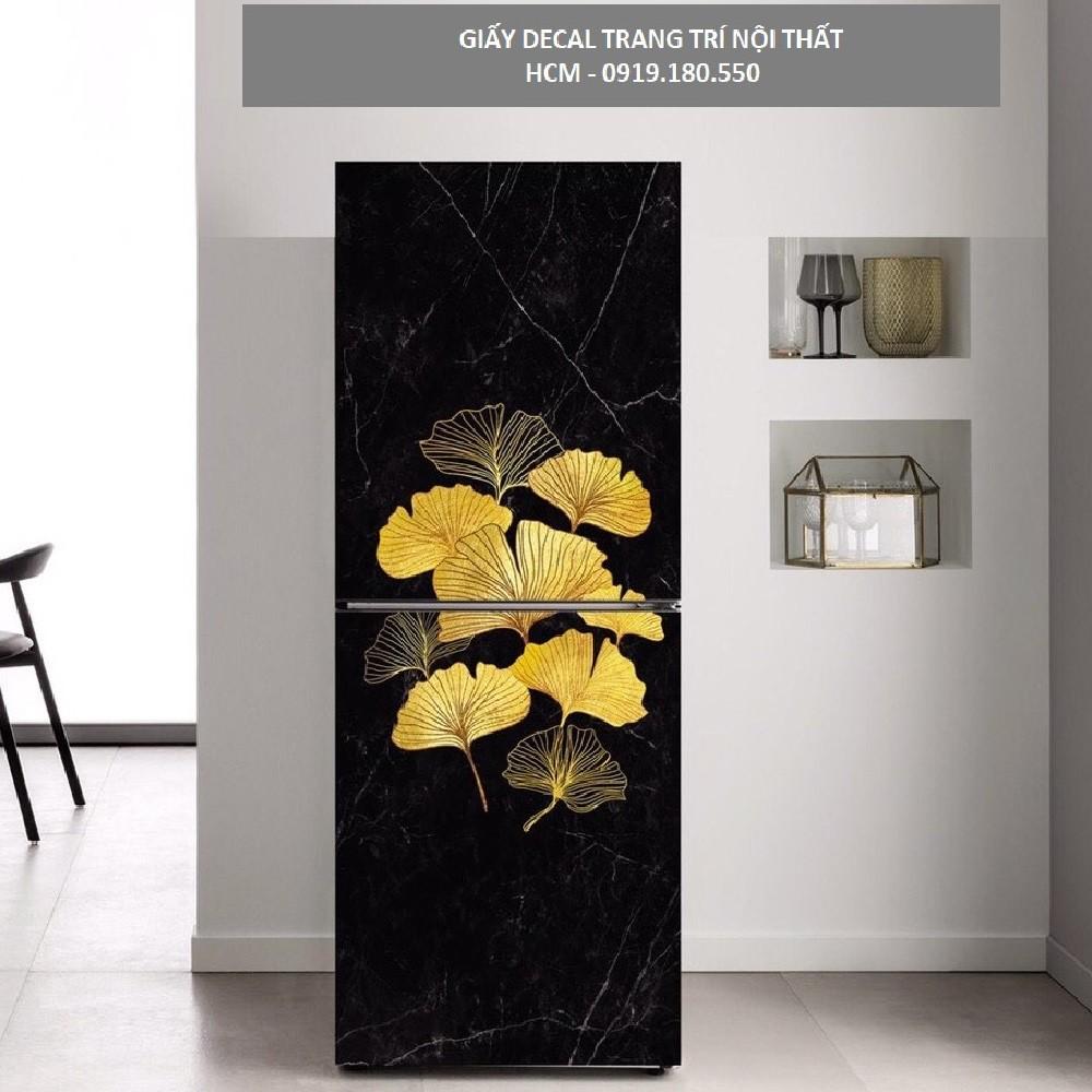 Decal dán tủ lạnh vân đá khảm hoa vàng sang trọng chất liệu cao cấp dễ lau chùi, không bong tróc