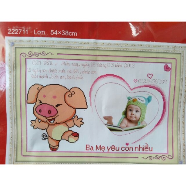 Tranh thêu chữ thập 12con giáp khung hình bé- Con Heo chưa thêu