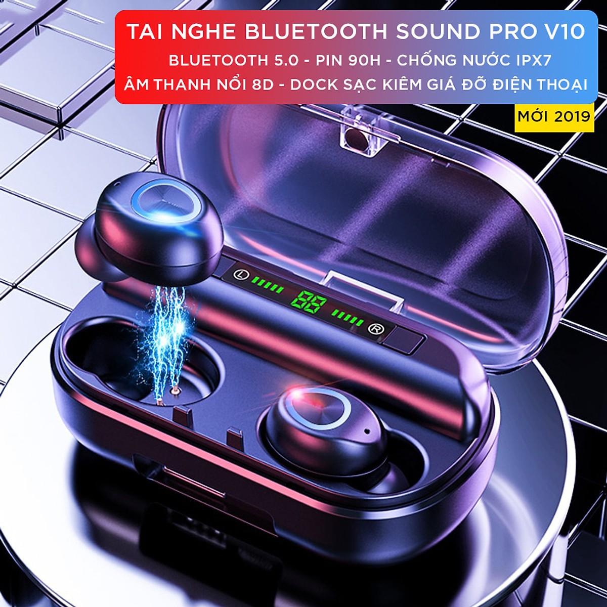 Tai Nghe Bluetooth VINETTEAM Tai Nghe Nhét Tai V10 TWS Chất Lượng Cao - Chống Nước IPX7 - Nghe 90h - Tích Hợp Micro - Tự Động Kết Nối - Tương Thích Cao Cho Tất Cả Điện Thoại -chính hãng