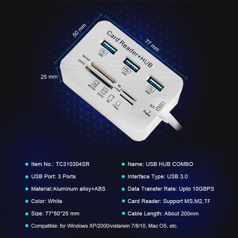 Bộ chia USB 3.0 Loại C 3 cổng Nhiều đầu đọc thẻ tốc độ TF